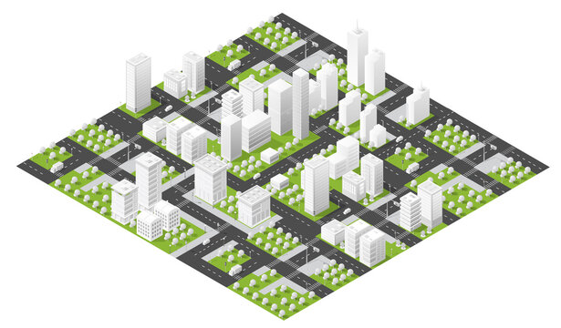 Modern urban city with skyscrapers, buildings, streets, and green spaces