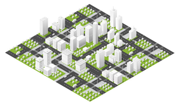 Isometric city landscape developing urban planning infrastructure layout