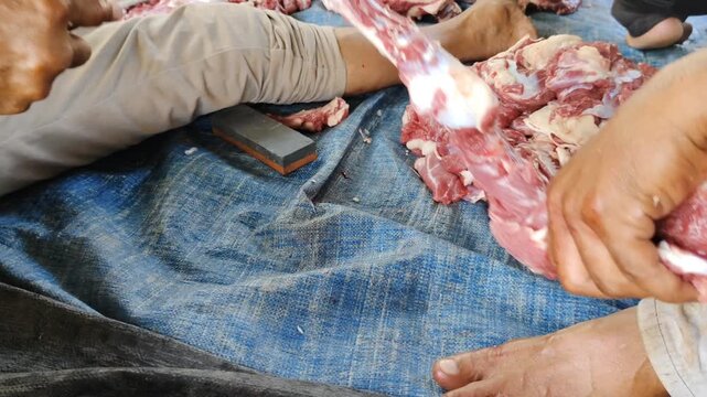 Two men's hands cutting sacrificial beef during Eid al-Adha