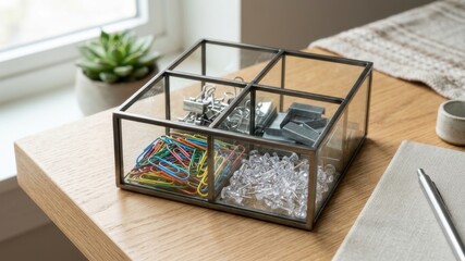 Fototapeta premium An elegant brass glass organizer on a desk containing colorful paper clips, perfect for aesthetic school supply organization.