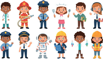 Cute Cartoon Kids Profession Character Set with Diverse Children in Uniforms Representing Different Occupations and Careers for Educational Designs