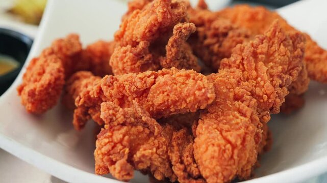 Close-up of crispy fried chicken pieces served on a white plate. Crunchy golden coating, delicious fast food, comfort meal, and appetizing restaurant-style fried chicken ready to eat. High quality 4k