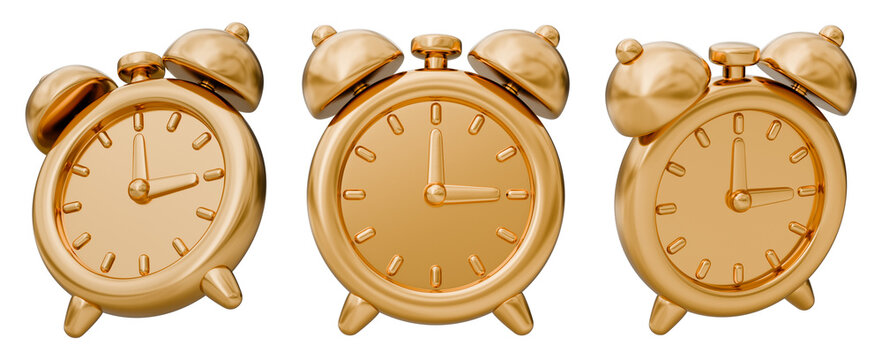 Alarm clock watch timer stopwatch dial bell gold golden metallic shiny luxury, time hour minute second reminder alert notification, deadline schedule agenda appointment priority set, 3d illustration.