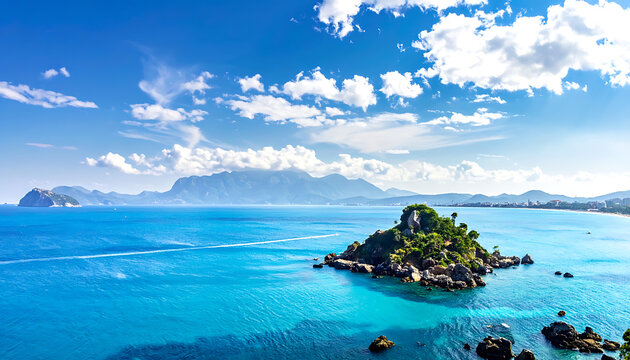 Azure Mediterranean sea with a small rocky island covered in green vegetation, coastal town, and hazy mountains under a bright blue sky with scattered clouds