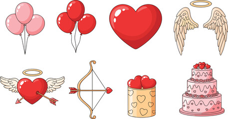 Naklejka premium Valentines Day Romantic Element Vector Set with Hearts Balloons Angel Wings Cupid Bow Arrow and Tiered Wedding Cake