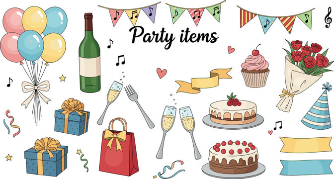 Cute party items flat vector illustration set with balloons cakes gifts banners and celebration elements on white background