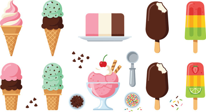 Collection of colorful ice cream and popsicle vector illustrations featuring waffle cones, chocolate bars, frozen desserts and sweet summer treats