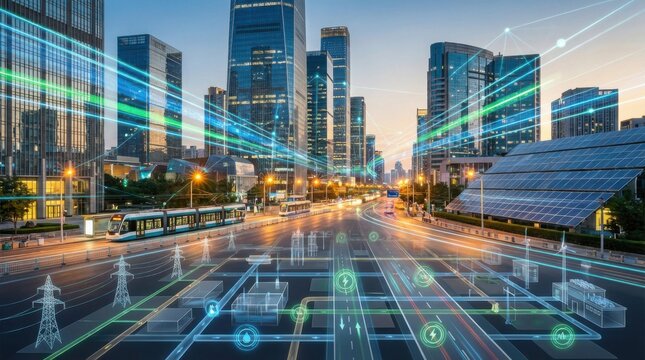 The smart city grid dances through urban chaos harmonizing energy and infrastructure effortlessly.