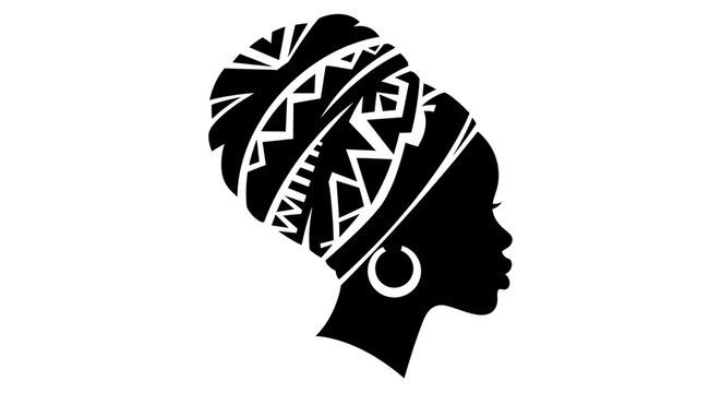 Beautiful African woman silhouette in profile wearing a large tribal geometric pattern head wrap turban and elegant hoop earring vector graphic designs