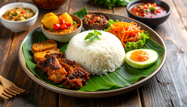 Aromatic nasi lemak served on banana leaf, a Malaysian classic dish with rice, fried chicken, sambal, and accompaniments on rustic wood