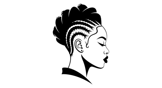 Line art illustration profile of a beautiful black woman with elegant braided cornrows hairstyle and mohawk, isolated on a clean white background