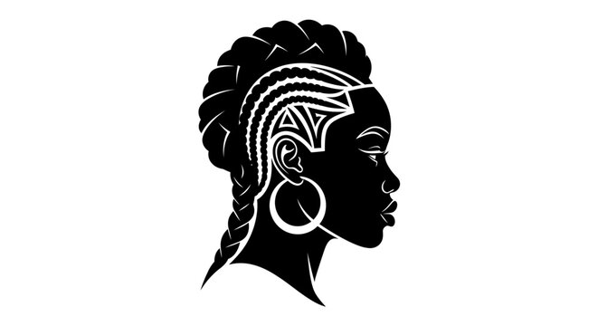Black woman silhouette side profile vector illustration featuring traditional braided cornrow hairstyle mohawk design and large hoop earring on white