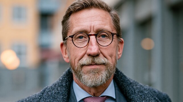 Middle aged man with a grey beard and round glasses looking directly into the camera lens