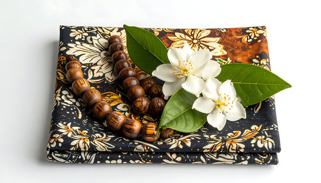 Arrangement of wooden prayer beads and jasmine flowers on a patterned fabric with floral motifs, evoking tranquility and spiritual calm