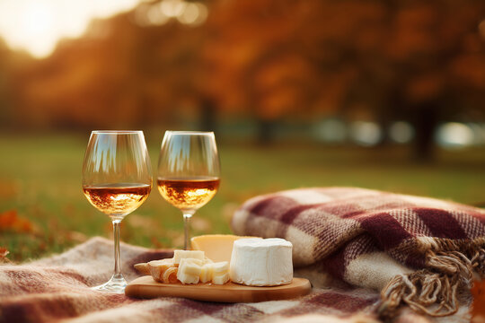 Two wine glasses and a cheese board stand on a picnic blanket in an autumn park, with white wine, checkered fabric, soft grass, and trees behind.