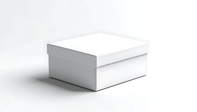 Blank white square gift box with lid closed, isolated on a seamless light gray background, perfect for product packaging mockup or design template