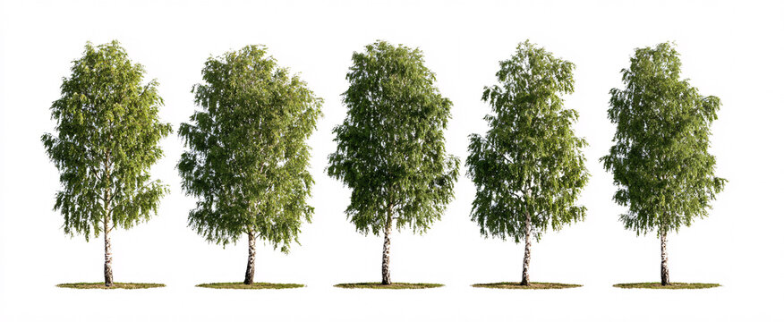 Five Betula pendula displayed against a bright white background expertly cut out.