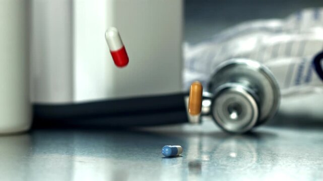 Assorted capsules and tablets falling by stethoscope on stainless Filmed on a high-speed camera at 1000 fps.