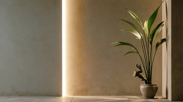 Textured beige limewash wall with vertical LED light and potted plant showcasing luxury wellness studio and refined spa interior
