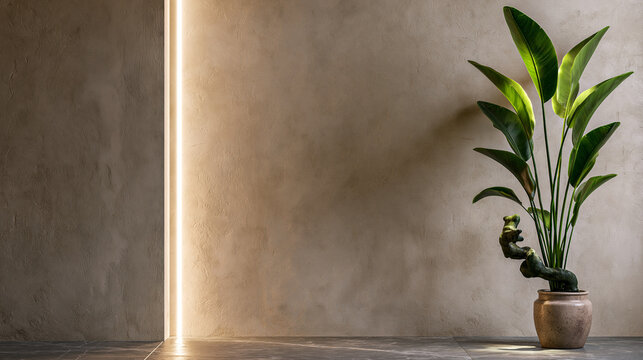 Textured beige limewash wall with vertical LED light and potted plant showcasing luxury wellness studio and refined spa interior
