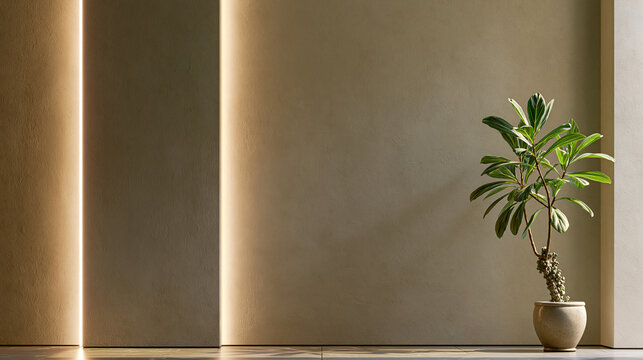 Textured beige limewash wall with vertical LED light and potted plant showcasing luxury wellness studio and refined spa interior