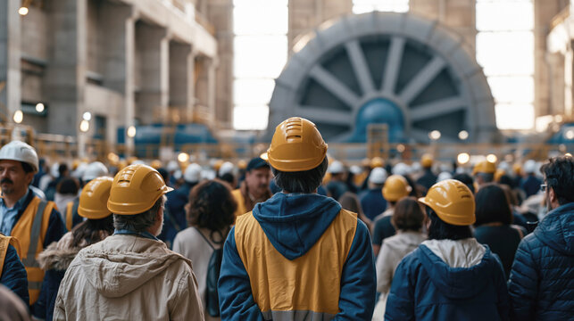 Hydroelectric power plant workers seen from behind during trade union meeting, discussing labor rights, teamwork, safety and industrial energy operations.
