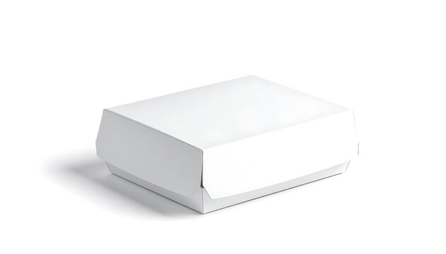 Blank white takeaway food box, fast food packaging container, burger wrapper, front view with shadow on isolated background