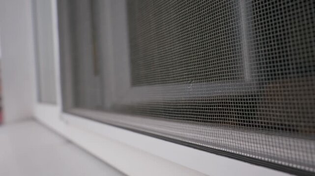 A detailed close-up shows a gray mosquito net installed in a white window frame to prevent insects from entering the house. Concept of pest control, home safety, and summer ventilation.