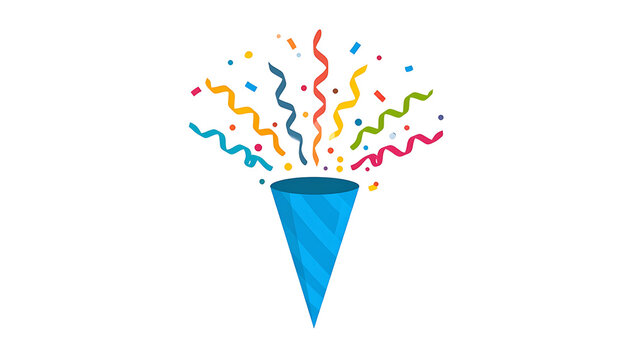 blue party popper exploding with colorful confetti and streamers, celebration concept