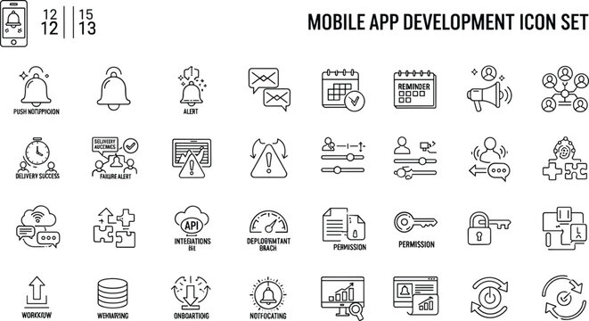 Mobile app development integration notification analytics performance workflow collaboration API management interface synchronization technology outline vector icon set