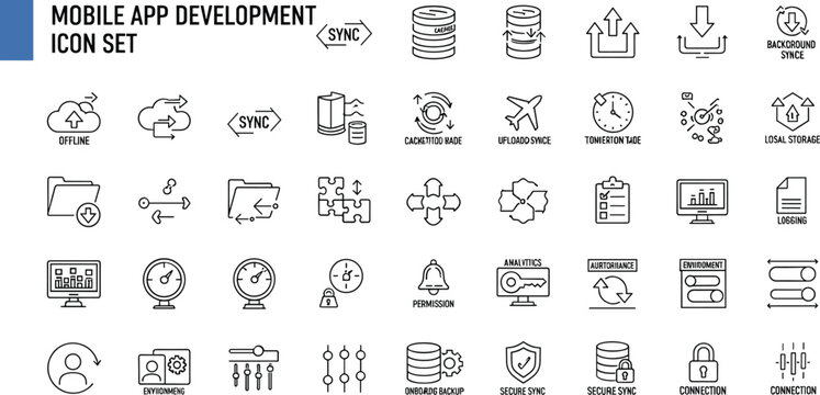 Mobile app development line icon set smartphone coding interface cloud sync upload download UI UX technology vector collection