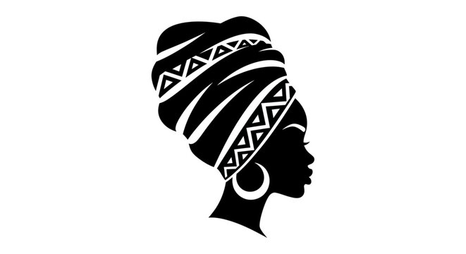 Black woman silhouette vector illustration of an African queen profile wearing a traditional patterned tribal headwrap or gele and large hoop earrings