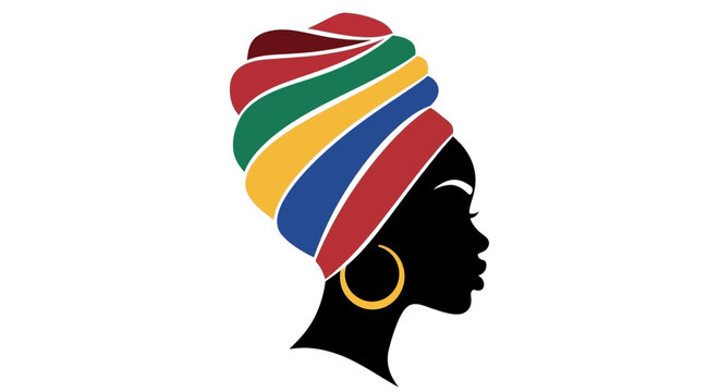 Black woman silhouette vector illustration of an African queen profile wearing a vibrant colorful striped headwrap or gele and big golden hoop earring