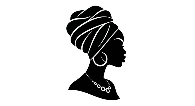 Black woman silhouette vector illustration of an African queen profile wearing a wrapped headwrap gele with a large hoop earring and a beaded necklace