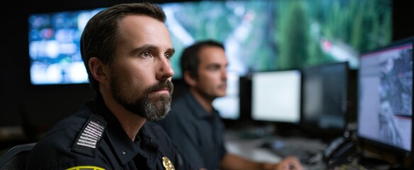 Naklejka na ściany i meble Emergency response firefighters unite in a 911 command center with powerful AI integration.