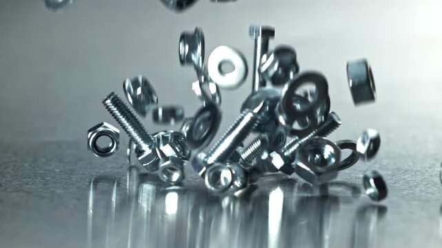 Closeup flying washers over metal surface, airborne cascade of chrome Filmed on a high-speed camera at 1000 fps.