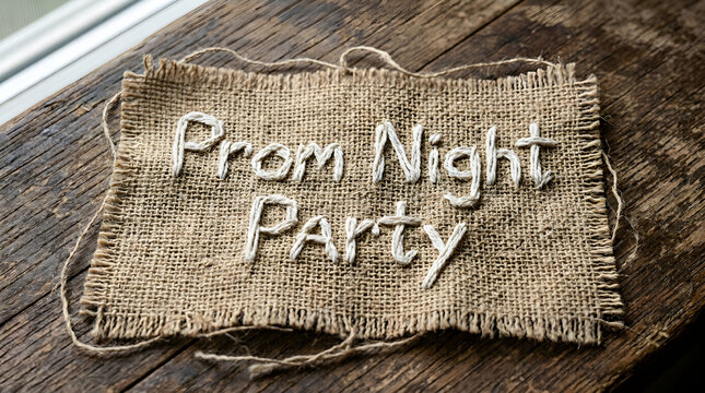 Embroidered burlap sign for Prom Night Party on wooden table