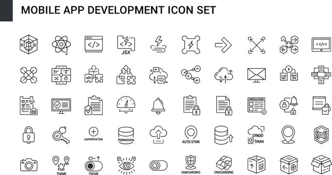 Mobile app development programming JSX cloud analytics monitoring dashboard integration interface synchronization database technology outline vector icon set