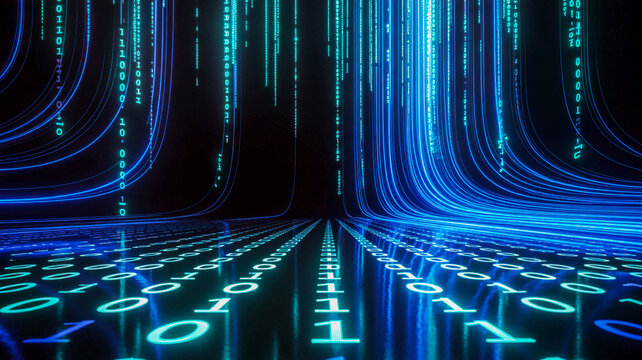 Digital Stream: An abstract representation of a digital data stream, with glowing binary code flowing from the foreground into the distance.