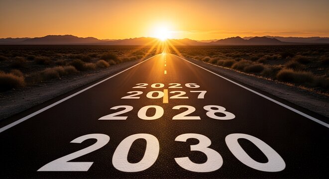 Road with years leading to 2030 at sunset