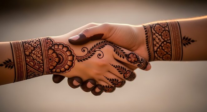 Two hands clasped together with intricate henna designs on the arms and hands in a symbolic gesture of unity and love.