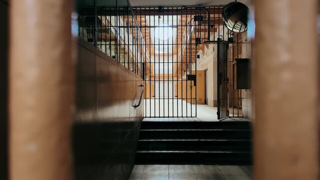 View through prison bars inside an old abandoned jail corridor with locked gates and dim natural light. Atmospheric detention facility interior, crime, punishment and justice system concept. High