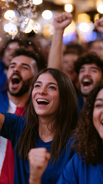 Euphoric French Football Fans Celebrating Victory in Sports Bar
