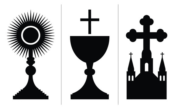 Decorative religious silhouette set featuring sacred symbols including a radiant monstrance chalice with cross and church with cross spires in black on white background