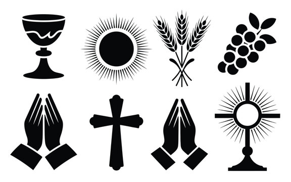 Clean vector illustration featuring religious symbols including chalice sun wheat grapes praying hands cross and sacred host in black and white for spiritual or faith based design