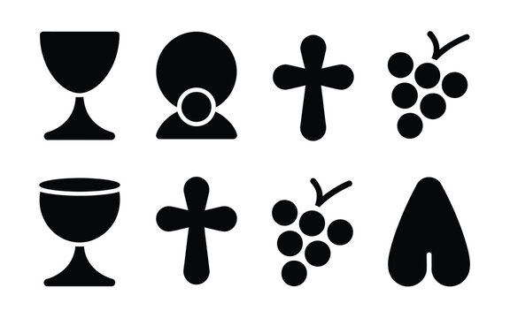 Minimalist icon set featuring elegant black silhouettes of wine glasses female portrait cross and grape bunch for modern design projects and digital interfaces