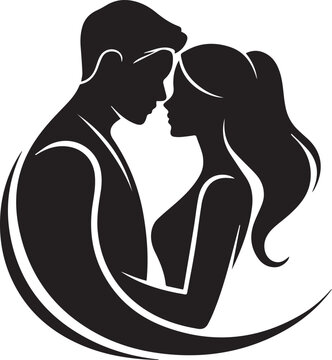 Romantic silhouette of a loving couple embracing, foreheads touching, in a heart shape on white background for love design