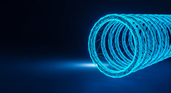 Abstract 3D render of a luminous blue tunnel with intricate geometric patterns and light beams emanating from a distant source.