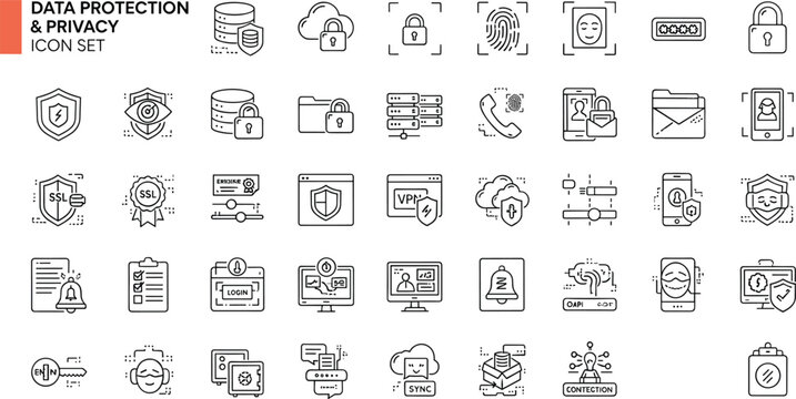 Modern data protection and privacy line icon set with cybersecurity encryption authentication secure network symbols editable stroke vector collection