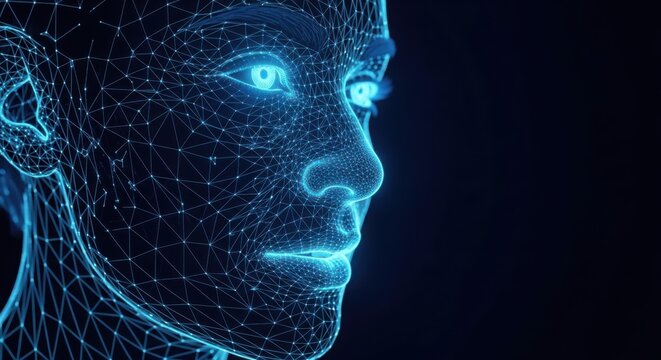 a blue glowing human face with a futuristic look illustration